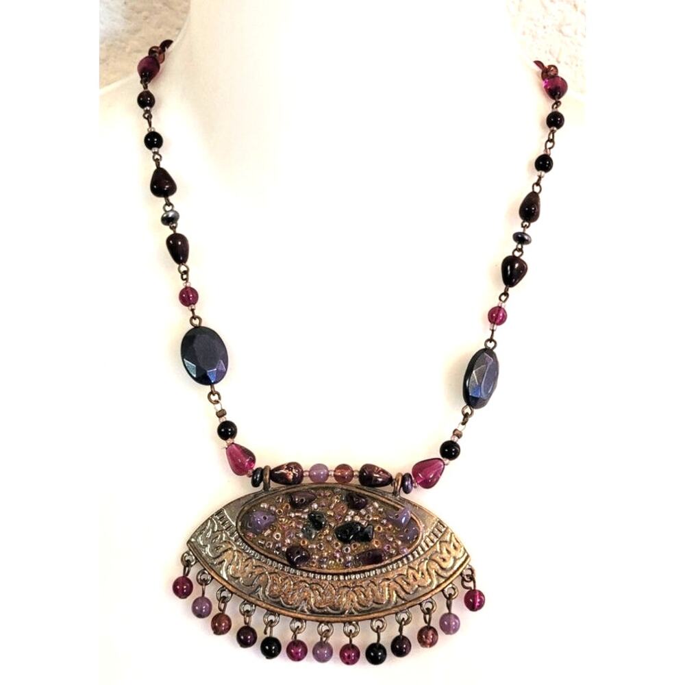 Vtg Art Deco Egyptian Revival Statement Necklace Pink Purple Bead Tribal Boho